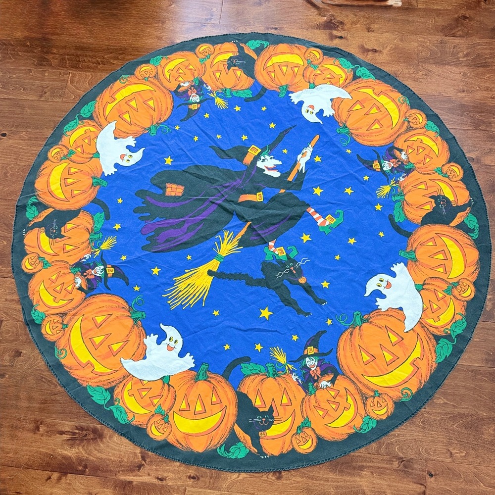 Vintage Halloween Round Tablecloth Witch Ghost Pumpkin Black Cat Blue 57 Inch